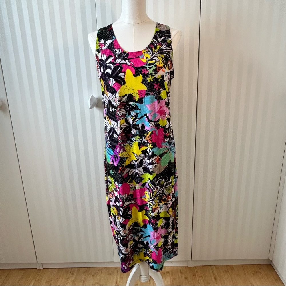 NWT Rue21 black with pink blue yellow flowers soft stretch summer dress Size M